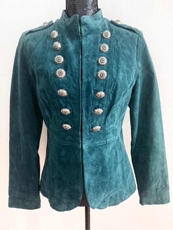 dressbarn Jackets & Blazers - Dressbarn Vintage Teal 100% Leather Military-Style Jacket Size Small